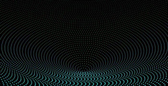 Abstract digital wave pattern formed by glowing teal dots on a black background, representing data flow and digital connectivity